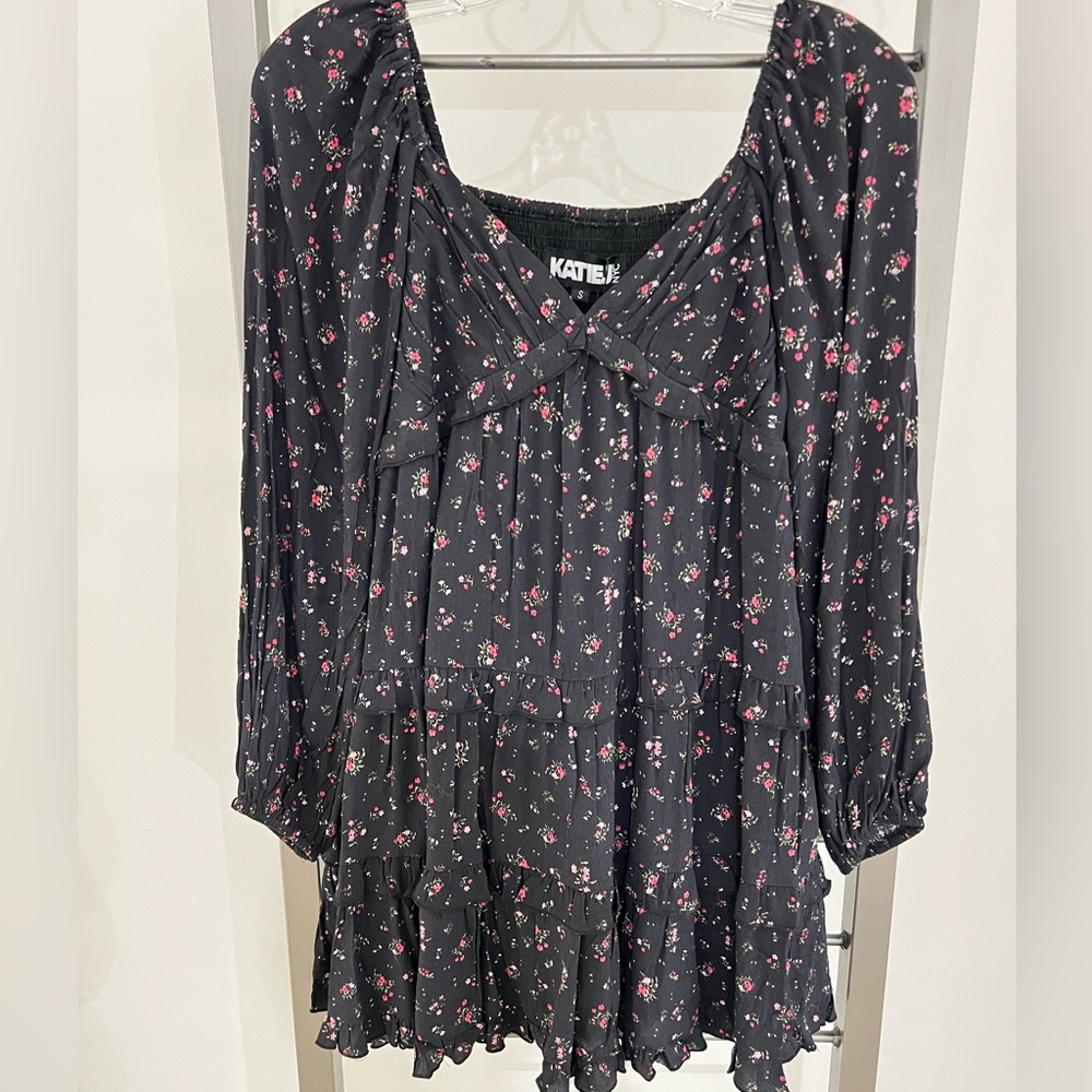 Floral Black Katie J NYC Junior blooming rose ditsy floral.